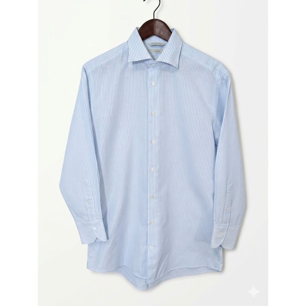 SuitSupply Slim Fit Shirt Mens 41/16 White Blue Stripe Cotton Linen Thomas Mason